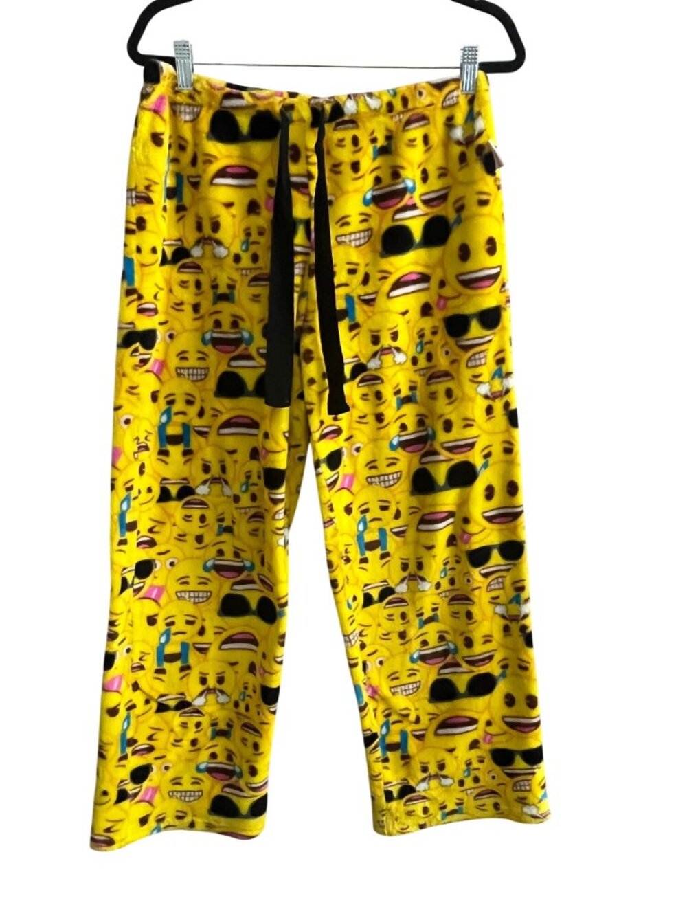 Emoji Print Sunny Yellow Fleece Lounge Pants Novelty Pajama Womens Size M (8/10)